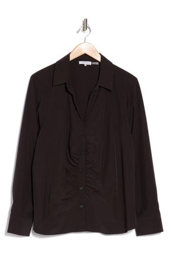 Calvin Klein Ruched Button-up Shirt In Black