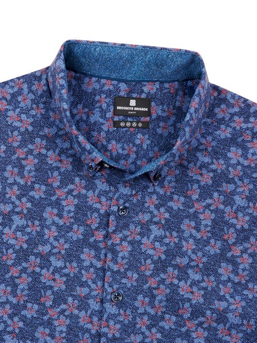 Brooklyn Brigade Denim Floral Recycled 4-way Stretch Performance Short Sleeve Shirt In Navy