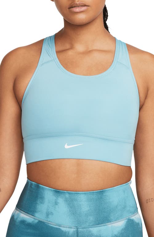 Nike Dri-FIT Swoosh Padded Longline Sports Bra in Worn Blue/White