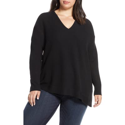 Plus Size Eileen Fisher V-Neck Asymmetrical Boxy Wool Sweater, Black