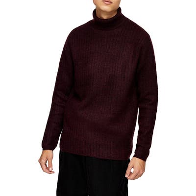 Topman Harlow Ribbed Turtleneck Sweater, Burgundy