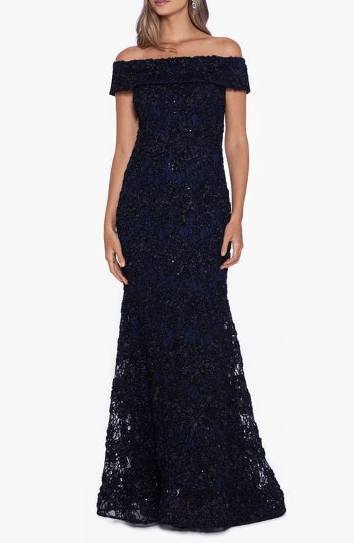 Xscape Evenings Off The Shoulder Sequin Lace Trumpet Gown In Black/navy