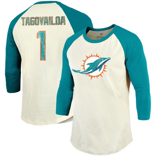 Majestic Threads Men's Majestic Threads Tua Tagovailoa Cream/Aqua Miami Dolphins Vintage Player Name & Number 3/4-Sleeve Fitted T-Shirt