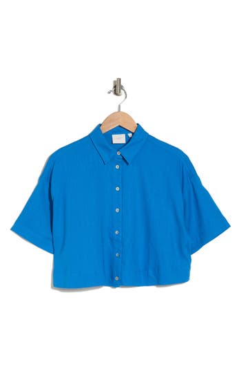 Nia Boxy Cropped Button-up Shirt In Cobalt