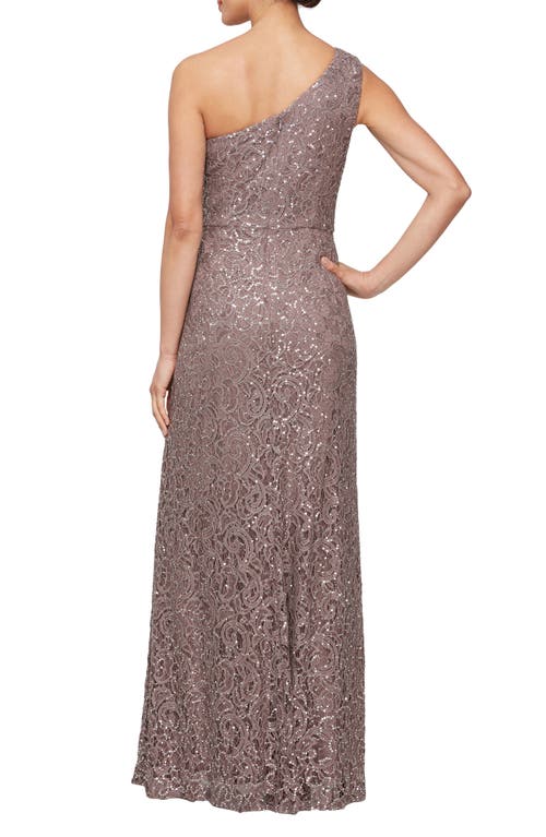 Shop Alex Evenings One-shoulder Sequin Lace A-line Gown In Mocha