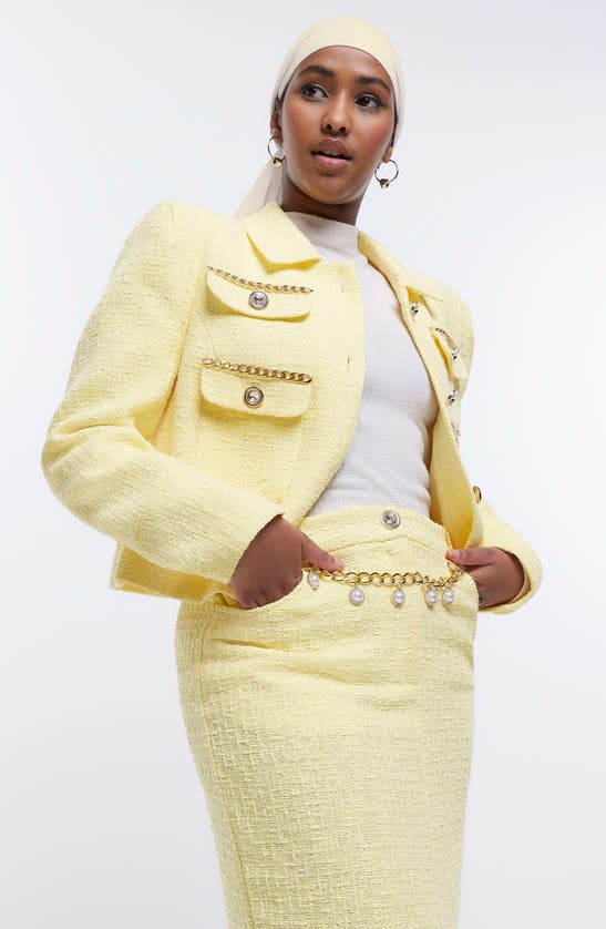 RIVER ISLAND IMITATION PEARL BELT COTTON BLEND BOUCLÉ PENCIL SKIRT