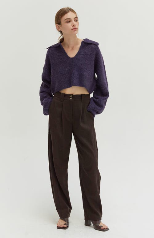 Shop Crescent Waffle Polo Crop Sweater In Purple