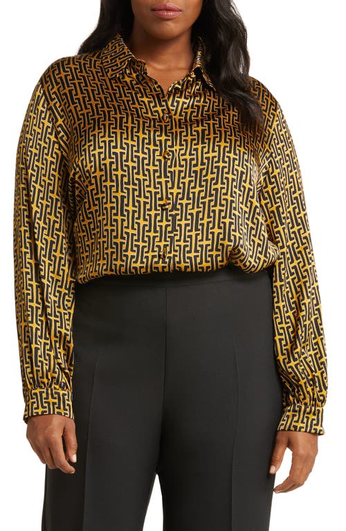 Geometric Print Satin Tunic Blouse in Mustard