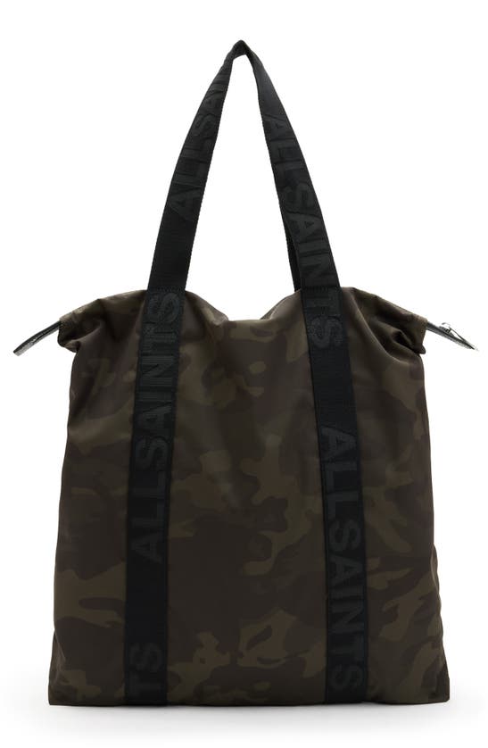 Shop Allsaints Afan Camo Recycled Polyester Tote In Dark Camo Green