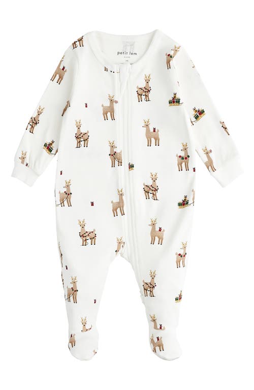 Petit Lem Kids'  Rudy & Friends Holiday Print Cotton Footed One-piece Pajamas In Off White