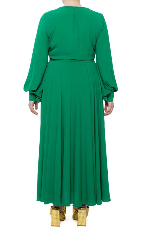 Meghan La Long Sleeve Solid Wrap Maxi Dress In Emerald