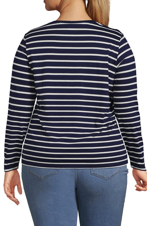 Lands' End Relaxed Supima Cotton Long Sleeve Crew Neck T-shirt In Deep Sea Navy Breton Stripe