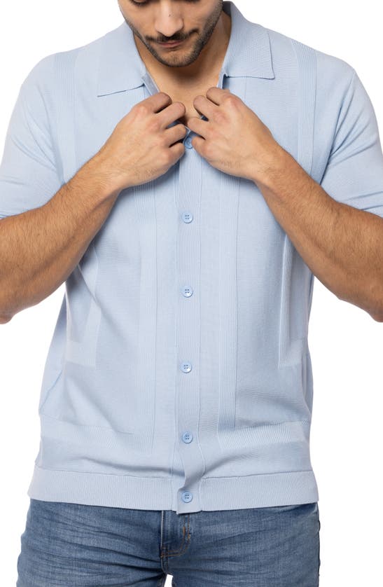 Spring + Mercer Textured Short Sleeve Button-up Sweater In Powder Blue