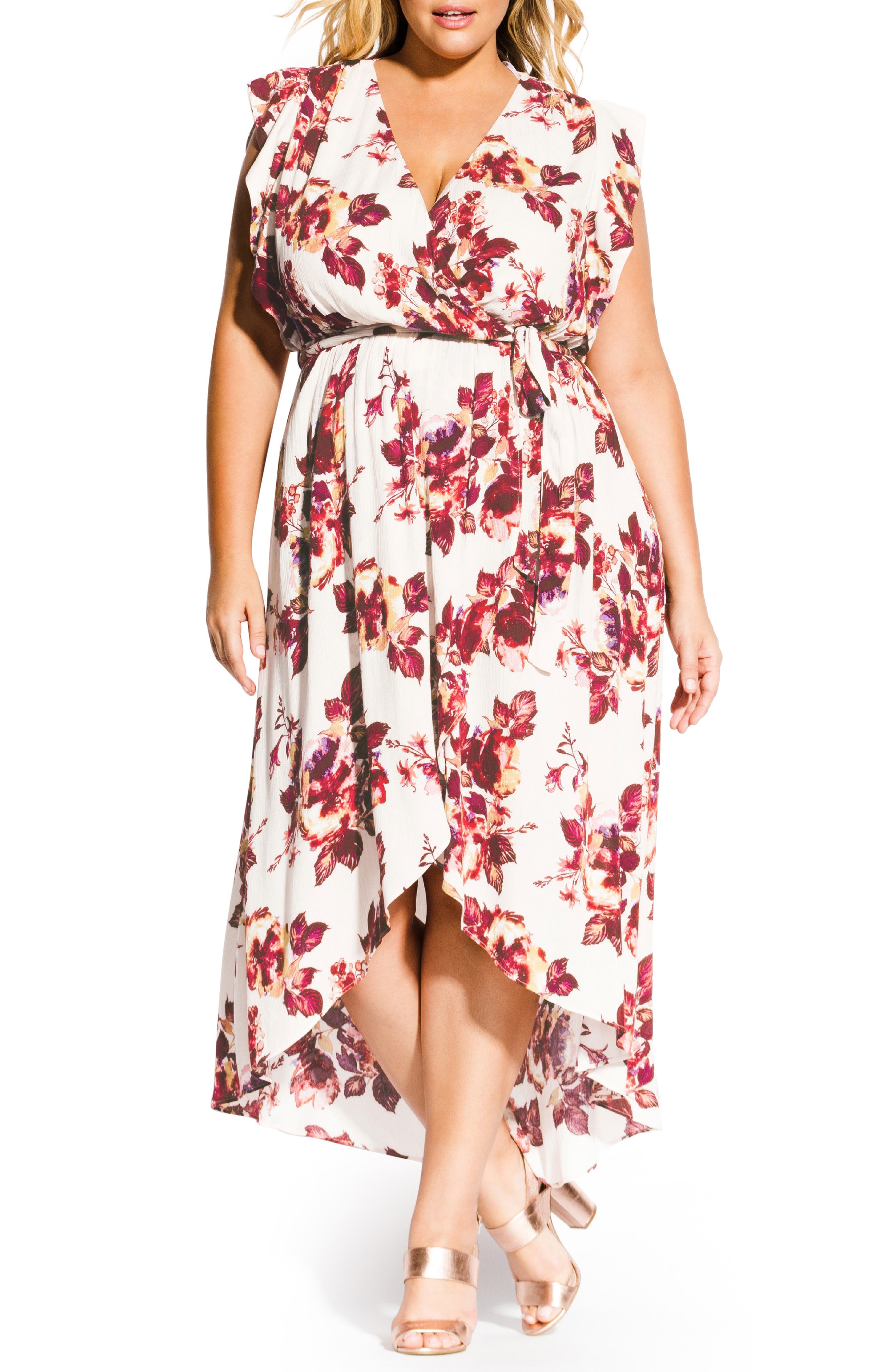 Plus Size City Chic Monet Ecru Faux Wrap Maxi Dress, Ivory