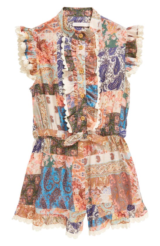Zimmermann Kids' Girl's Devi Frill Drawstring-waist Playsuit In Patch Paisley