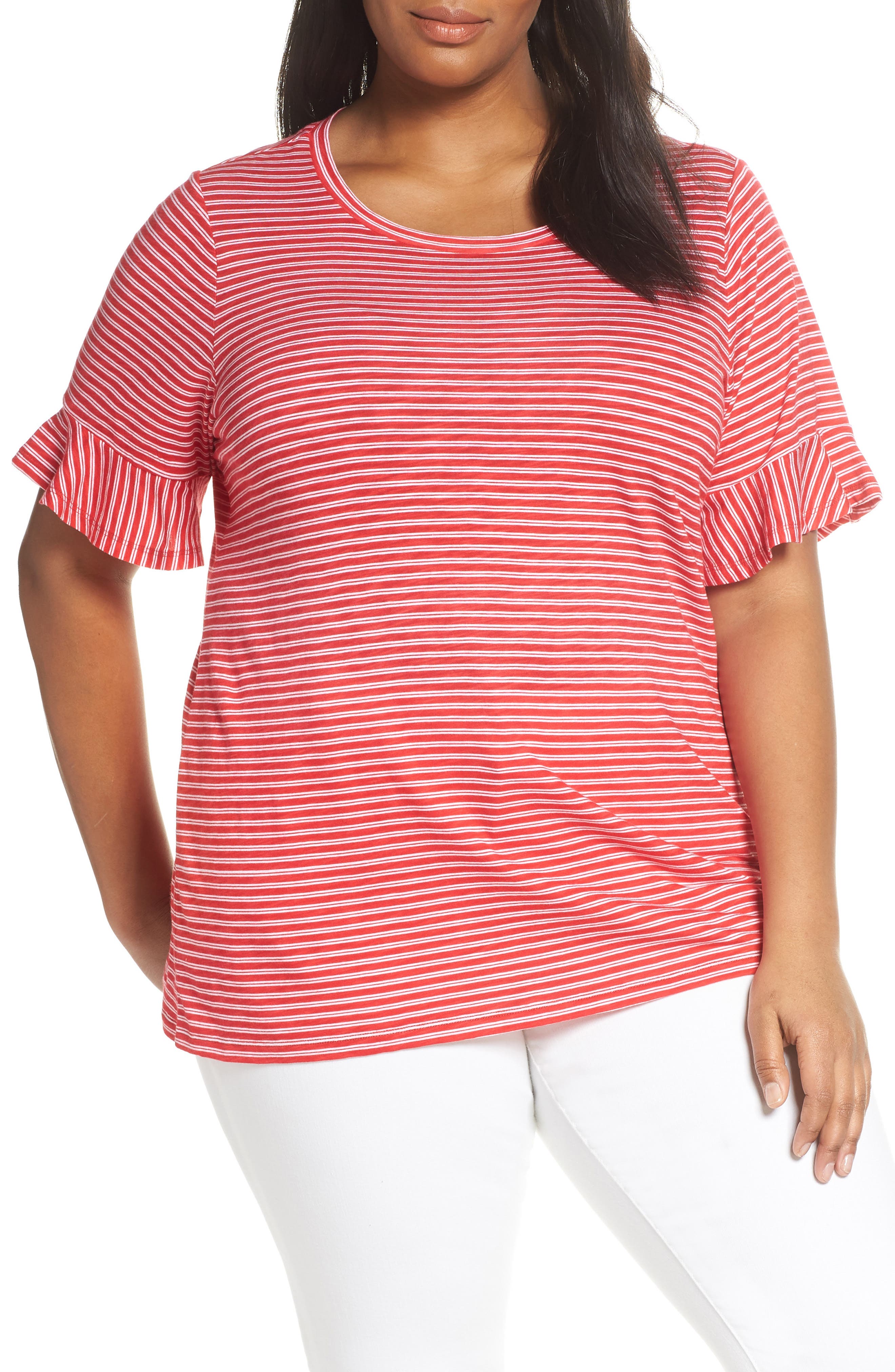 Plus Size Kors Michael Kors Stripe Ruffle Sleeve Tee