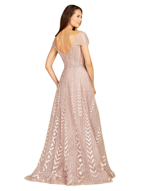 Lara New York Cap Sleeve Beaded Lace Ballgown In Antiquerose