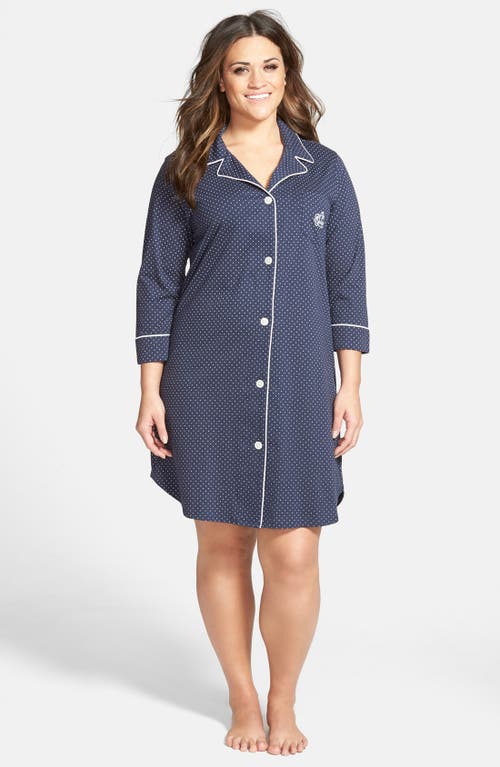 Shop Lauren Ralph Lauren Knit Jersey Sleep Shirt In Madeleine Navy/white Dot