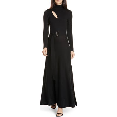 Nicholas Cutout Long Sleeve Belted Wool & Cotton Dress, Black
