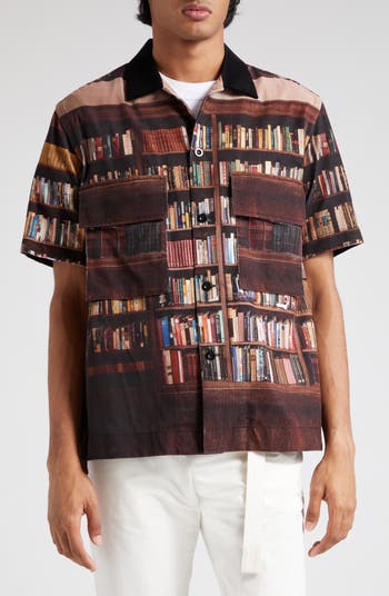 Sacai Interstellar Photo Print Short Sleeve Cotton Button-Up Shirt