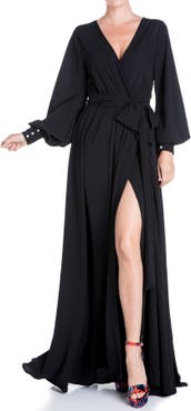 Surplice Neck Balloon Sleeve Slit Maxi Dress