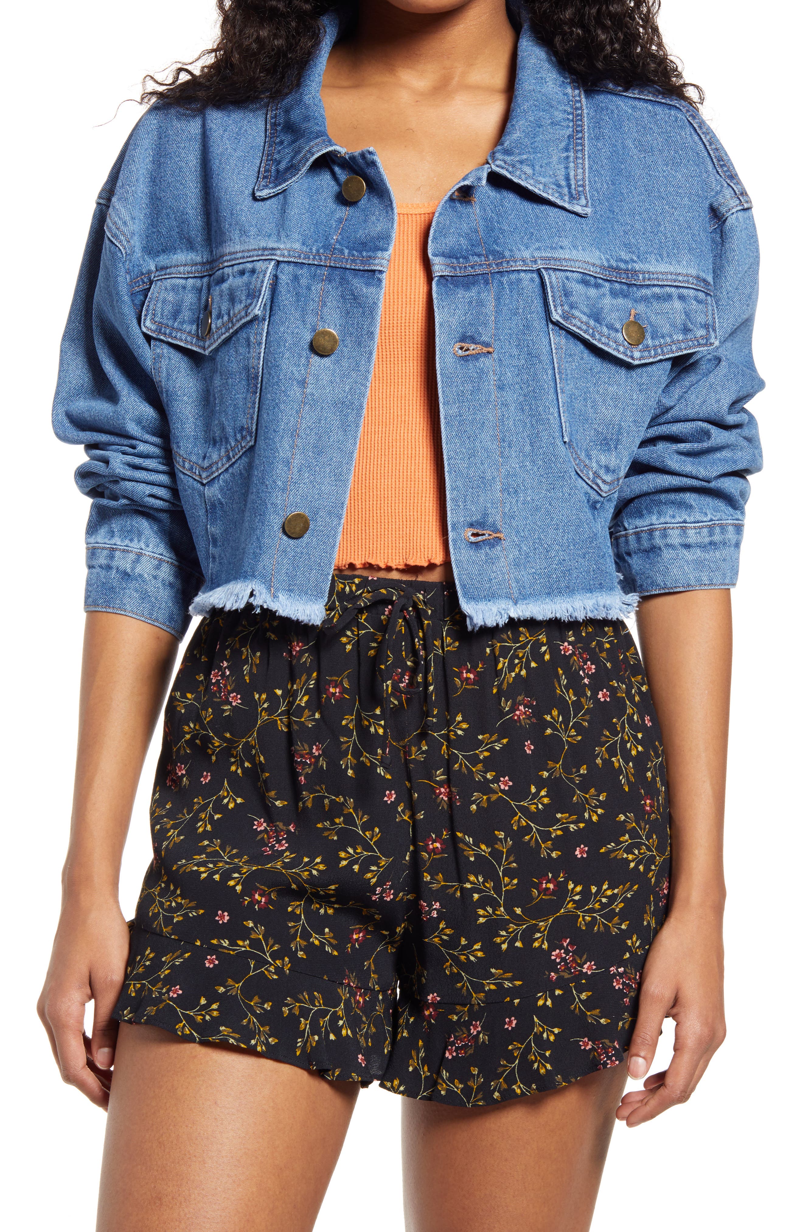 cropped raw hem denim jacket