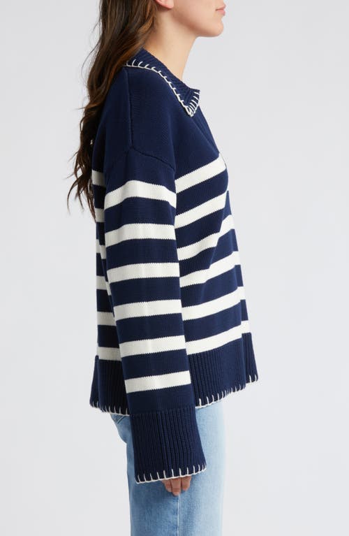 Shop Rails Athena Stripe Cotton Johnny Collar Polo Sweater In Navy Ivory Stripe