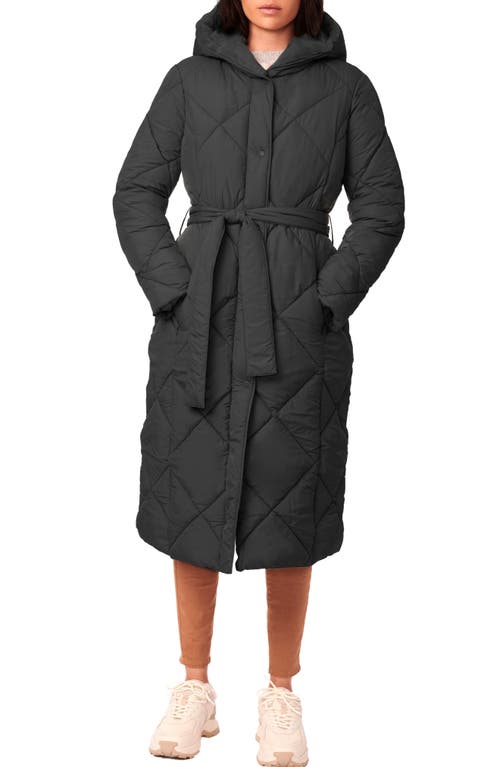 Bernardo Quilted Tie Waist Recycled Polyester Longline Puffer Jacket in Black