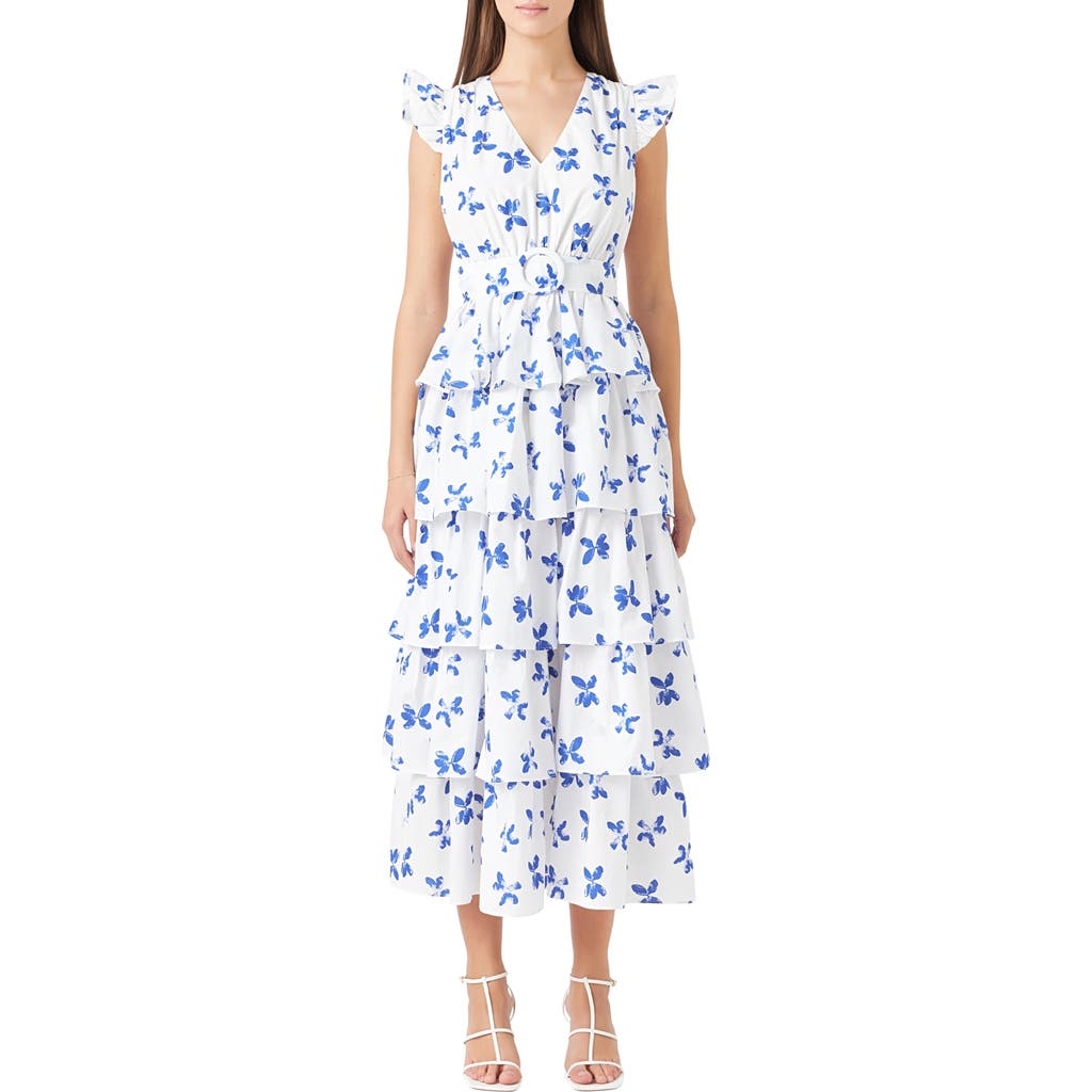 Endless Rose Floral Tiered Belted Maxi Dress In White/blue