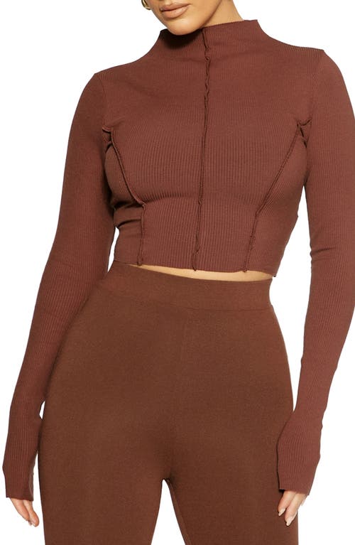 Naked Wardrobe Snatched to the Top Long Sleeve Crop Top in Chocolate