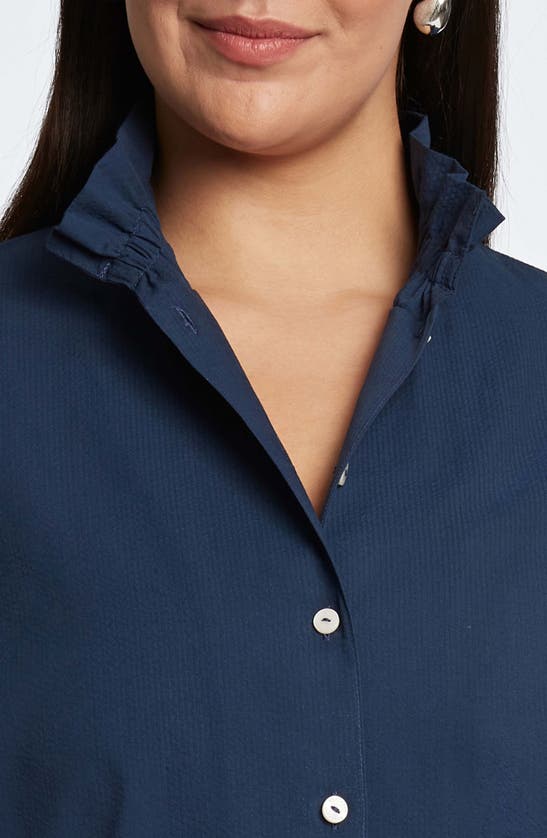 Shop Foxcroft Carolina Seersucker Cotton Blend Button-up Shirt In Navy