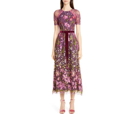 Marchesa Notte Embroidered Midi Cocktail Dress, Burgundy