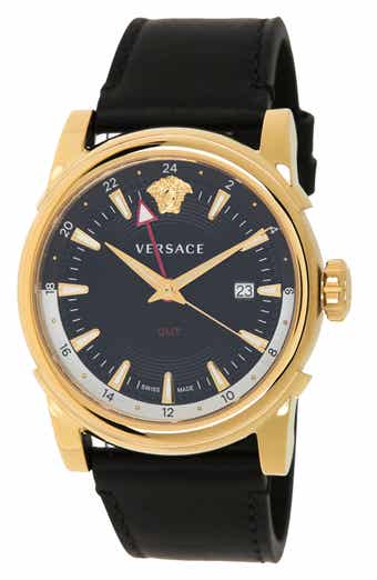 Versace Men's V-Circle Black Dial Leather Strap Watch, 42mm