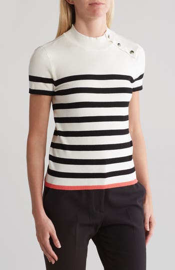 Laundry By Shelli Segal Mock Neck Button Sleeve Jersey Sweater In White/black Stripe