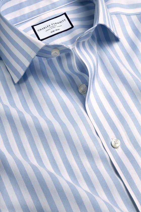 Shop Charles Tyrwhitt Wide Stripe Non-iron Twill Cutaway Slim Fit Shirt Single Cuff In Sky Blue