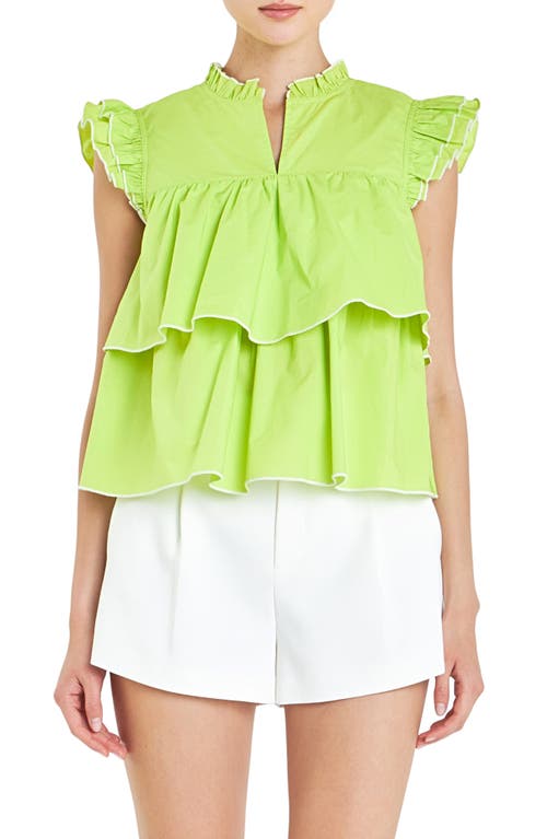 Shop English Factory Ruffle Sleeve Tiered Cotton Top In Lime