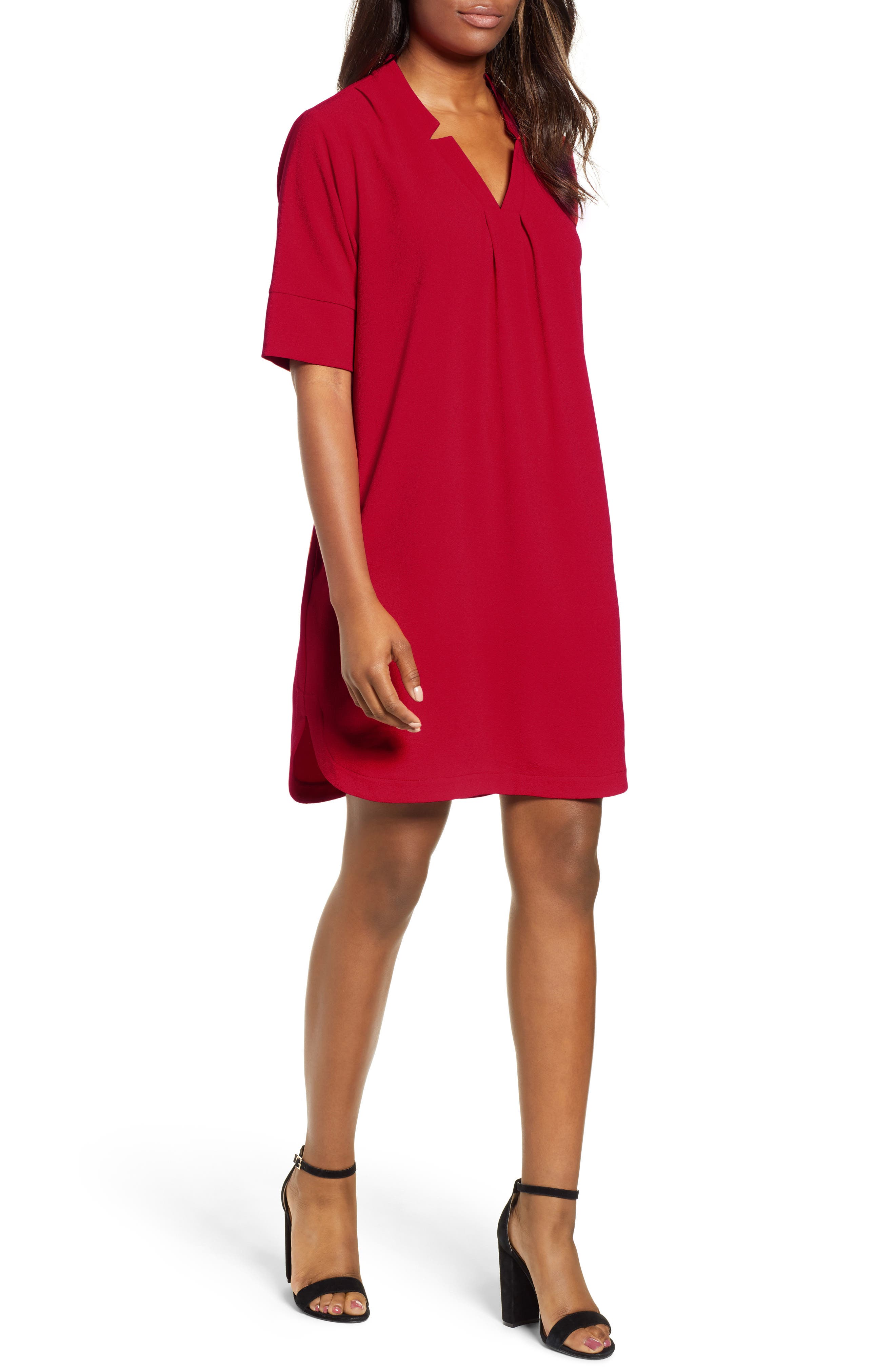Petite Bobeau Pleat Front Curved Hem Shirtdress, Red