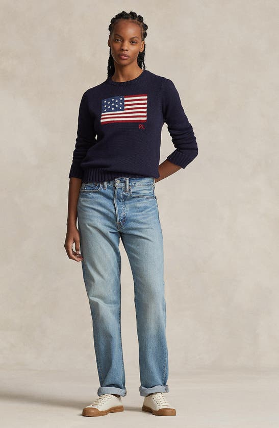 Shop Polo Ralph Lauren Flag Crewneck Sweater In Navy