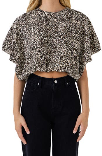 Grey Lab Animal Print Crop Dolman Top In Ivory Multi
