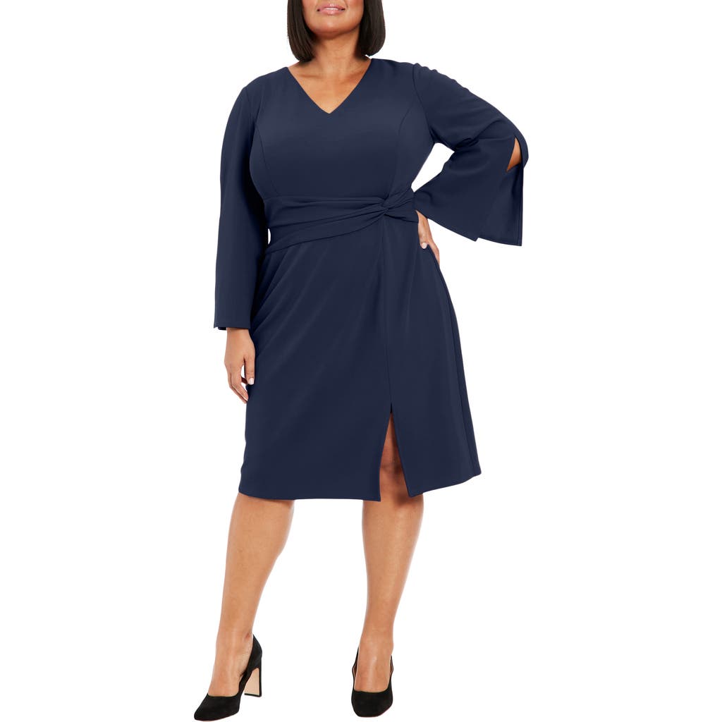 London Times Flare Sleeve Twist Waist Midi Dress In Navy