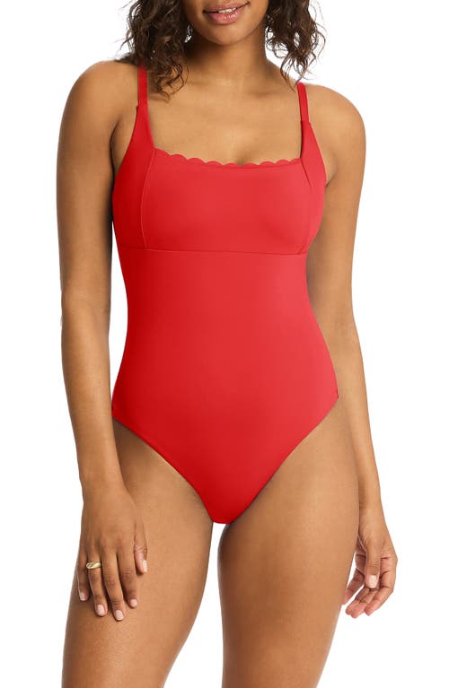Scalloped Square Neck One-Piece Swimsuit in Red