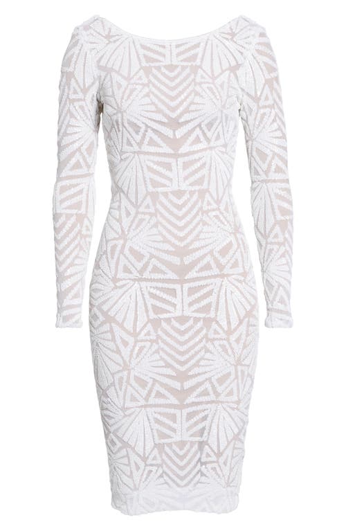 Dress The Population Emery Long Sleeve Sequin Cocktail Dress In White/nude