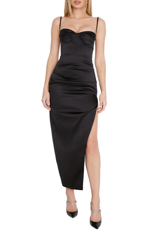 HOUSE OF CB Flora Pleat Corset Midi Dress Black at Nordstrom, A