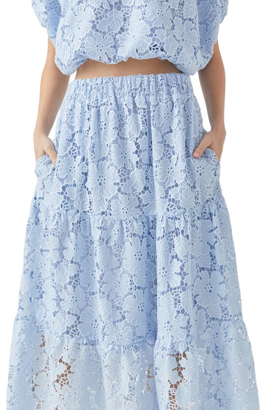 Shop Endless Rose Tiered Sequin Lace Maxi Skirt In Powder Blue