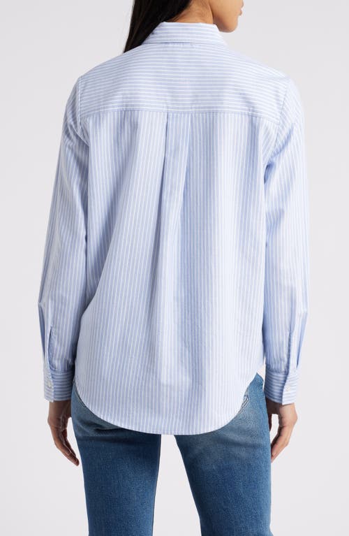 Shop Beachlunchlounge Emersyn Stripe Ruffle Trim Cotton Button-up Shirt In Russian Blue