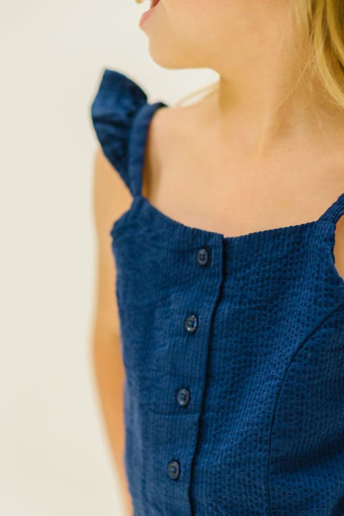 Hope & Henry Baby Girls' Flutter Button Front Romper, Infant In Navy Seersucker