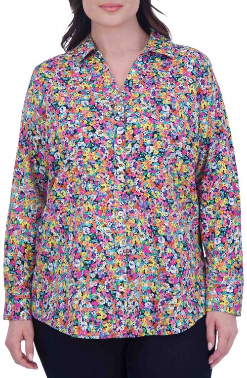 Foxcroft Mary Ditsy Floral Cotton Button-Up Shirt in Pink Multi at Nordstrom, Size 14W