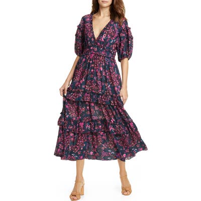 Ulla Johnson Amora Tie Back Floral Midi Dress, Blue