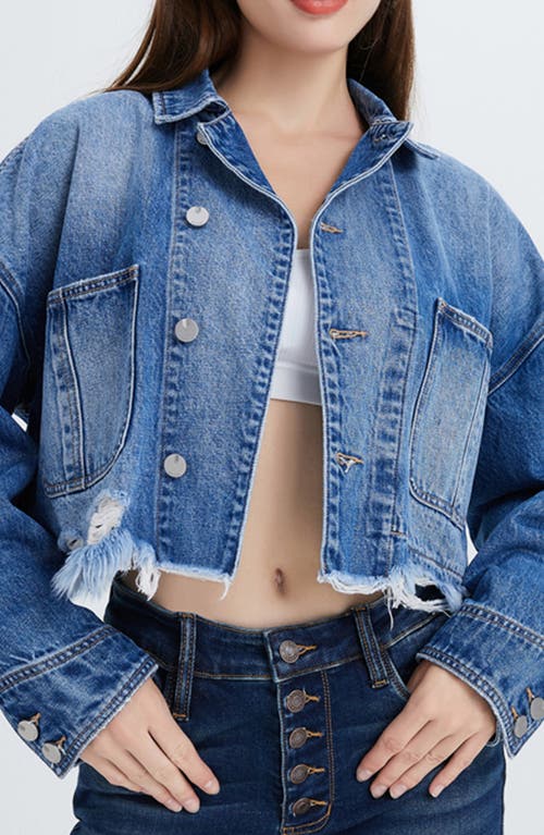 Shop Bayeas Frayed Crop Denim Jacket In Medium Blue