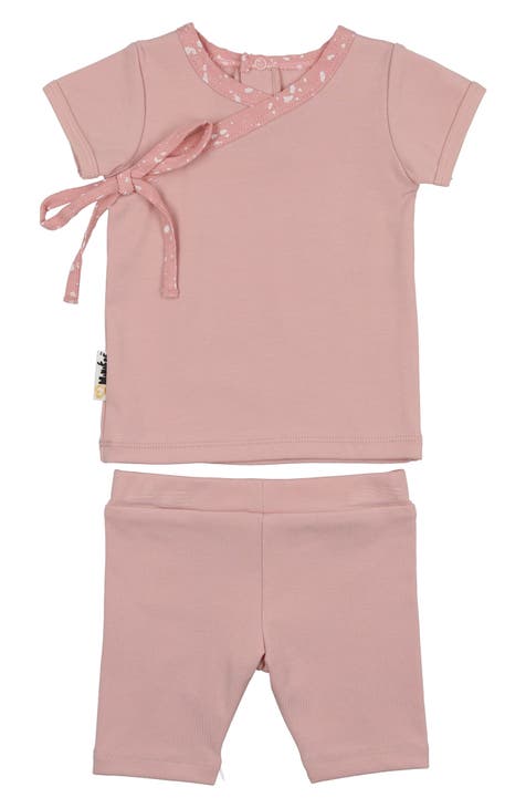 Speckle Trim Stretch Cotton Wrap Shirt & Shorts Set (Baby)
